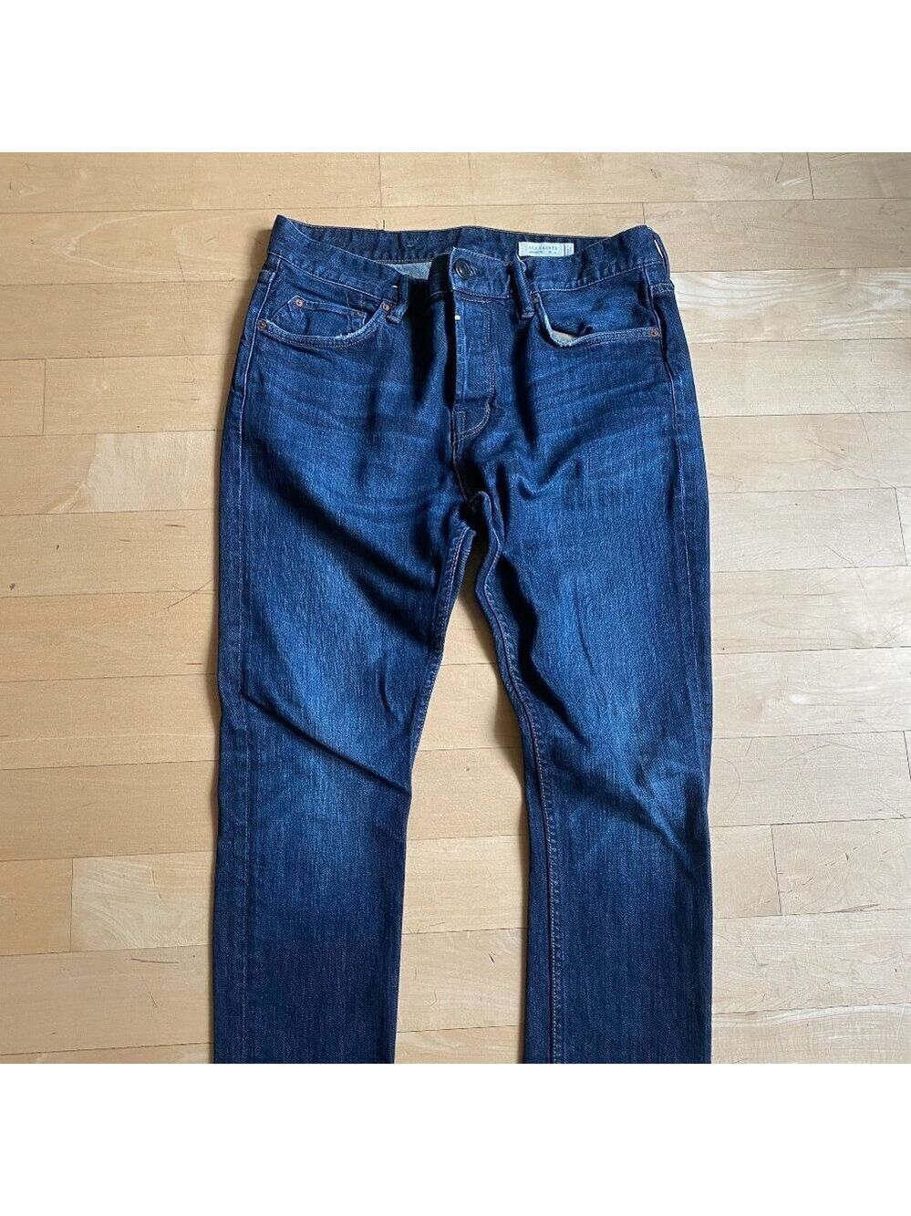 All Saints mens jeans "Clachan Cigarette" sz 32 blue wash button fly